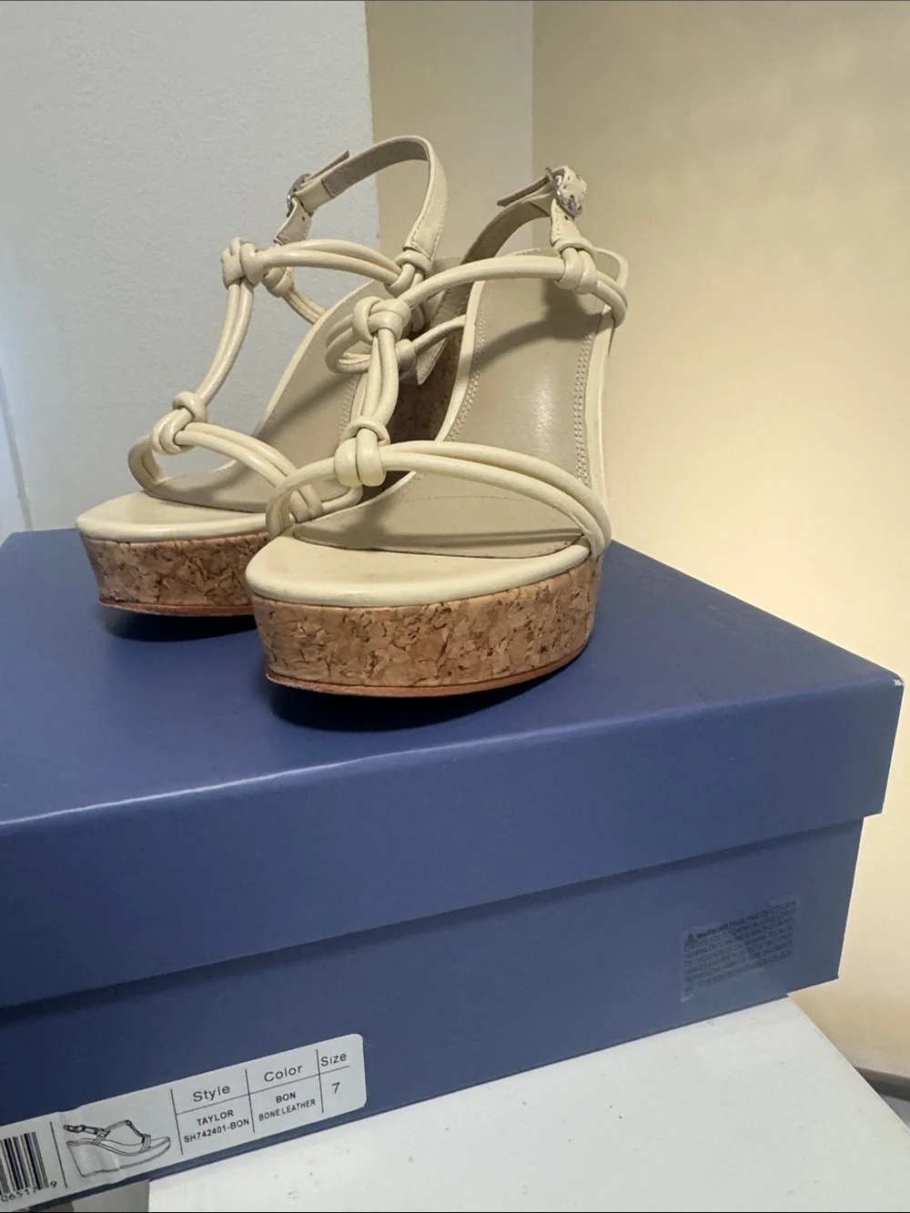 PAIGE Cream Knot-Strap Cork Wedge Sandals